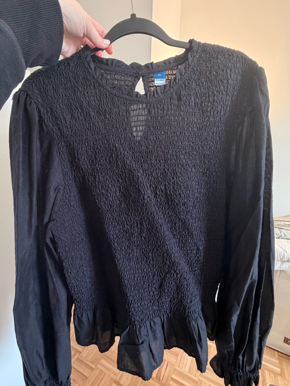 Old Navy Black Smocked Peplum Blouse with Bishop Sleeves